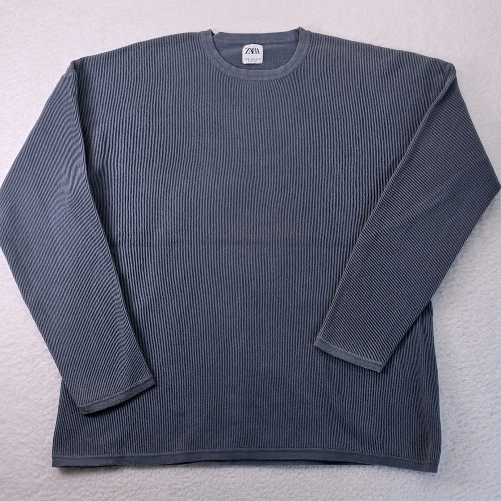 Zara Mens Grey Ribbed Knit Long Sleeve Crew Neck Sweater XL